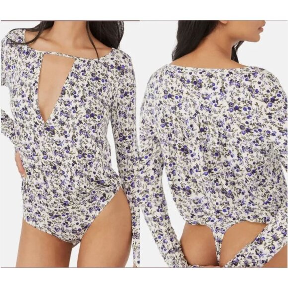 Free People Intimately Free Kaya Print Cutout Bodysuit Blue Micro Floral Fairy - Picture 3 of 13